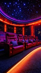 Luxurious home theater with vibrant lighting and seating