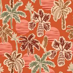 Tropical sunset seamless pattern with silhouettes of palm trees. Red summer vacation print with background of the setting sun, jungle plant Hand-drawn textile design, wallpaper in collage style Vector