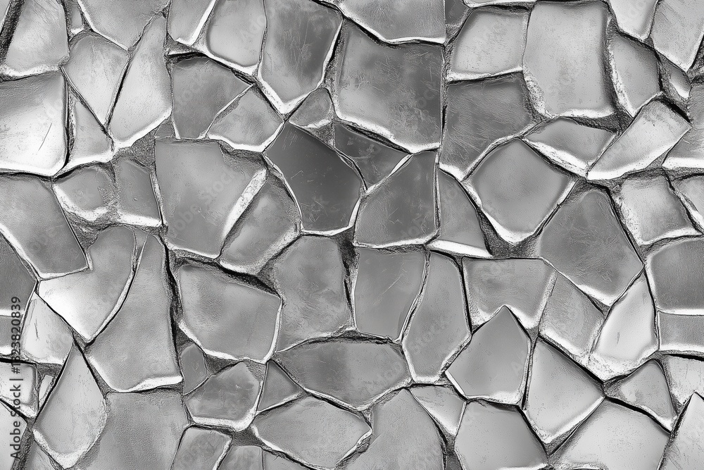 Poster seamless silver textured surface made of irregularly shaped, shiny silver tiles arranged in a mosaic