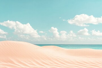 Naklejka premium Soft Pink Sand Dunes Stretch Along a Tranquil Beach Under a Clear Blue Sky With Gentle Clouds During Midday