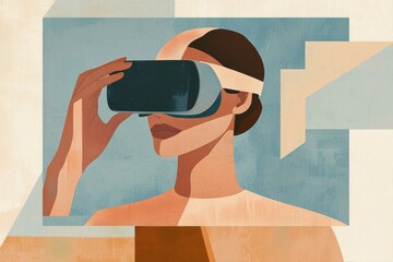 A stylized digital illustration of a woman wearing a VR headset, featuring geometric shapes and an earthy color palette for a modern, futuristic aesthetic.
