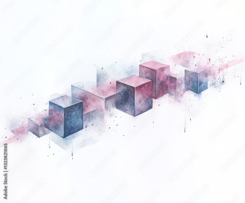 Poster abstract cubes: a modern artwork of an abstract structure of cubes with watercolor effect, combining