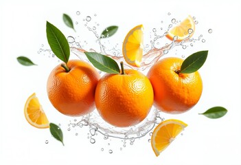 Bright fresh oranges with green leaves splashing in water next to juicy orange slices on a pure white background.