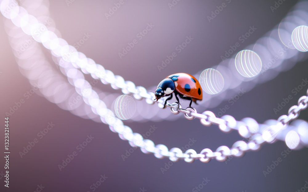 Poster close-up of a ladybug crawling on a delicate silver chain with a soft blurred background