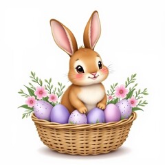 Easter illustration. A realistic an Easter bunny sitting in a woven wicker basket, surrounded eggs.
