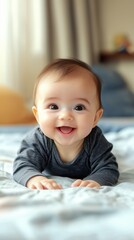 Happy baby smiling and lying on bed: childhood, happiness and care
