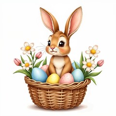 Easter illustration. A realistic an Easter bunny sitting in a woven wicker basket, surrounded eggs.