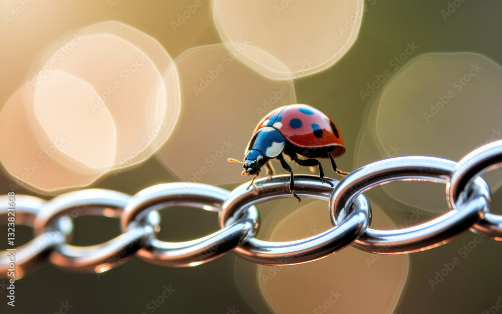 Poster colorful ladybug crawling on a shiny metal chain with a soft bokeh background