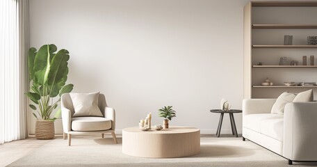 Minimalist Modern Living Room with Neutral Palette: Sofa, Armchair, Coffee Table, White Bookcase, and Empty Wall Mockup. Bright Daylight in Contemporary Studio.