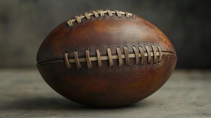 A classic vintage football, its leather skin etched with age and texture, lay gracefully on a plain surface, its laces knotted and awaiting the call of the game.