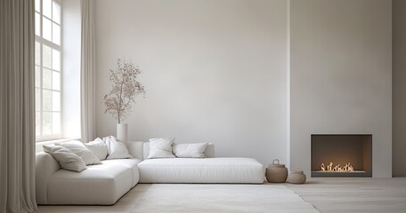 Modern Living Room Interior with Neutral Decor: Sofa, Armchairs, Coffee Table, and  Fireplace. Minimalist Home Decor for Product Presentation.