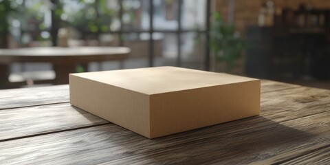 Elevated Display: An empty product box sits on a rustic wood table, offering a stage for showcasing goods, capturing a sense of anticipation and minimalist style.