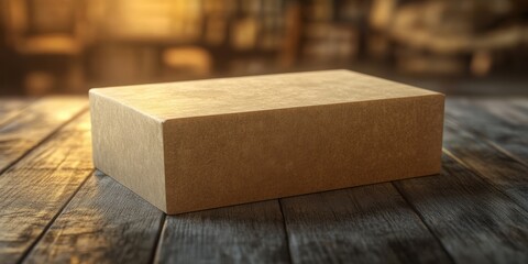 Cardboard Box on Wooden Table: A plain, unassuming cardboard box sits on a rustic wooden table, capturing simplicity, packaging and storage.