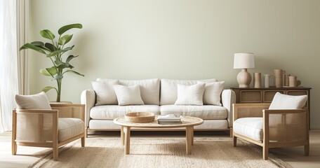Minimalist Modern Living Room with Neutral Palette:  Sofa, Armchair, Coffee Table, White Bookcase, and Empty Wall Mockup. Bright Daylight in a Minimalist-Style Studio.