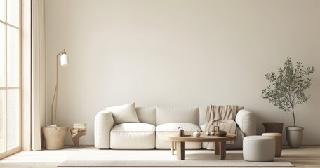 3D Rendering of a Modern Minimalist Living Room with Neutral Palette: Sofa, Armchair, Coffee Table, White Bookcase, and Empty Wall Mockup. Bright Daylight in a Modern Studio.
