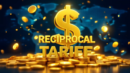 Golden Dollar Symbol with 'Reciprocal Tariff' Text Surrounded by Shiny Coins Representing Global Trade and Financial Policies