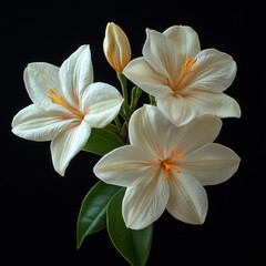 Delicate white flowers with orange stamens against black background, showcasing their beauty and elegance. Perfect for floral arrangements and nature lovers