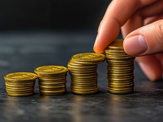Financial Growth: Stacking coins to illustrate economic progress and savings, capturing concepts of investment, finance, and prosperity.