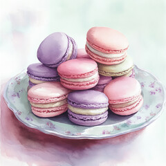 Obraz premium A watercolor painting of pastel-colored macarons stacked on a decorative plate.
