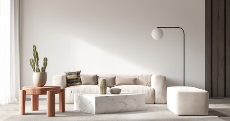 Elegant Minimalist Living Space with Neutral Palette, Gray Sofa, Brown Chairs, Marble Coffee Table, Modern Black Floor Lamp, and Lively Cactus in the Corner