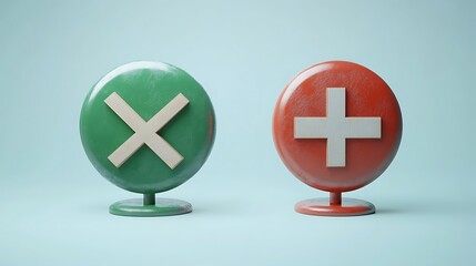 Obraz premium Green X and red plus symbols on stands.