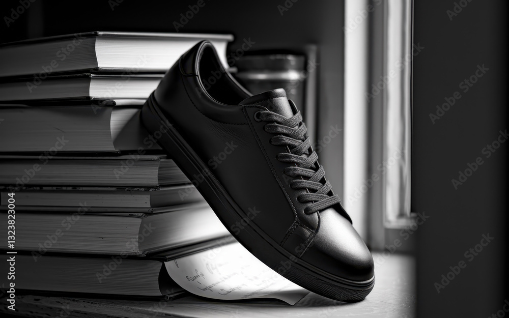 Poster stylish black sneakers resting on a stack of books in a soft light setting
