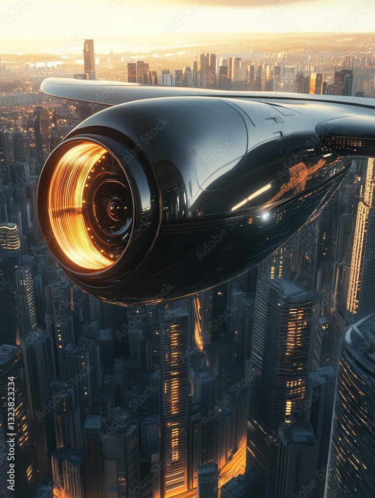 Poster futuristic spaceship hovering over a sleek city skyline with a glowing engine at sunset