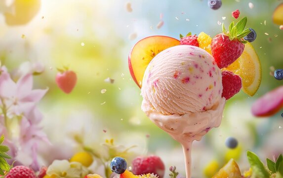 Of a Melting scoop of ice cream floating mid-air, with colorful fruit pieces and a softly blurred floral background