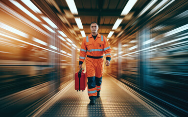 Confident Worker in Bright Orange Safety Gear Walking Through Industrial Corridor with Toolbox