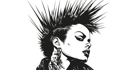 Punk rock woman with mohawk and tattoos, black and white vector, linear icons set.