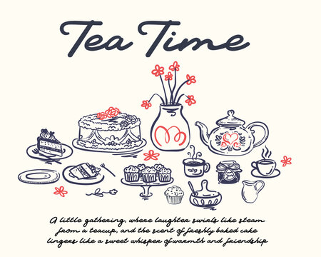Tea Time Whimsical Hand Drawn Illustration Set