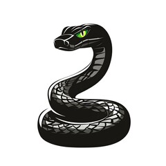 Fototapeta premium Serpentine Stare: A stylized illustration of a sleek, black serpent with piercing green eyes, coiling gracefully, exudes an air of mystery and subtle danger.