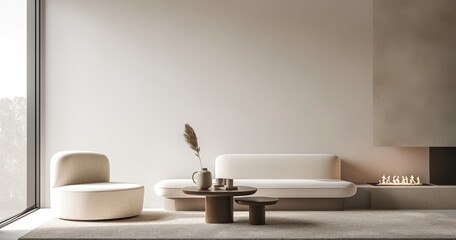 Minimalist Modern Living Room with Sofa, Armchairs, Coffee Table, and Soft Lighting from Fireplace. Ideal for Product Presentation and Advertising Mockups.