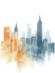 Fototapeta premium A watercolor painting of a cityscape featuring tall skyscrapers and a vibrant blend of blue and orange hues