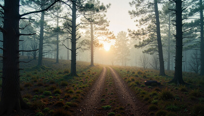 Fototapeta premium Misty forest path at dawn, nature's serene embrace
