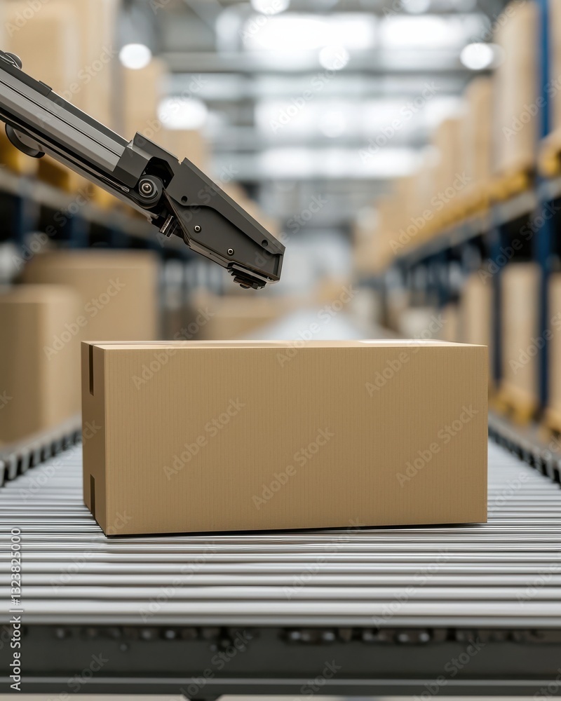 Poster robotic arm sorting cardboard boxes in modern warehouse environment with blurred background