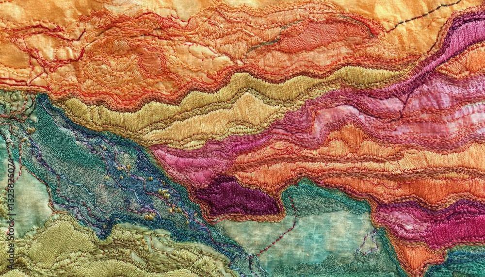 Poster Abstract textile artwork with vibrant textures and contrasting colors. Layers of thread create a mountain range effect with intricate details
