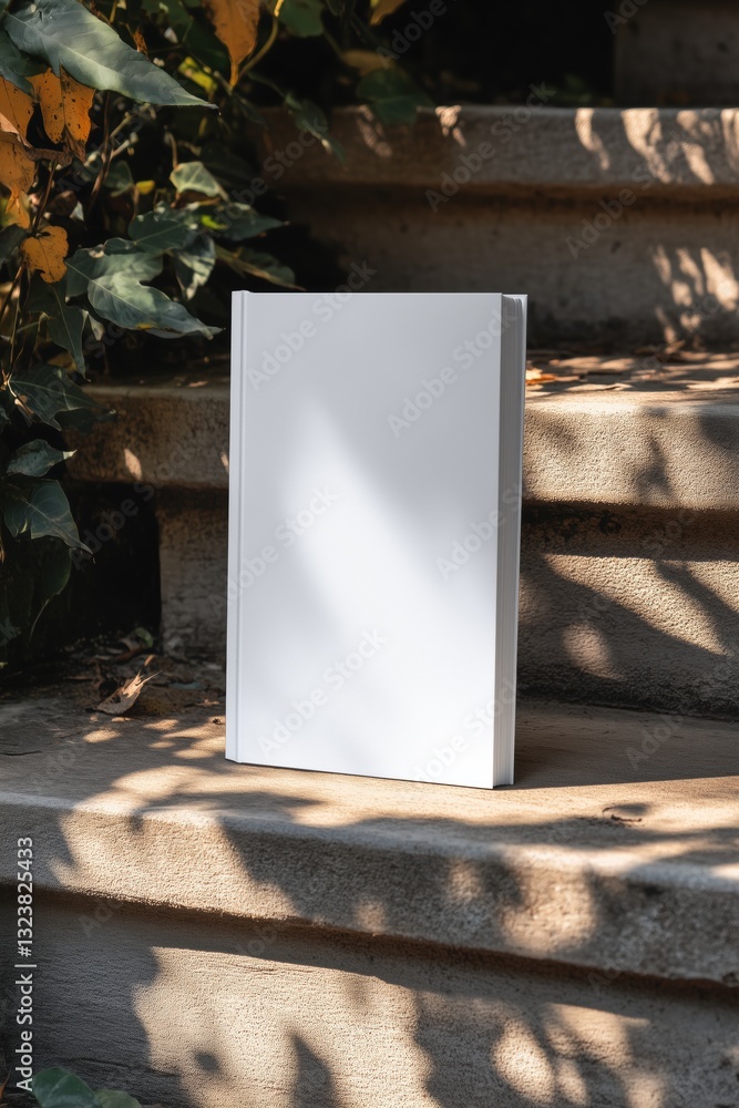 Poster a blank book mockup standing upright on stone steps surrounded by greenery. the sunlight casts shado