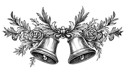 Ornate floral wedding bells with roses and leaves, vector, linear, icons set.