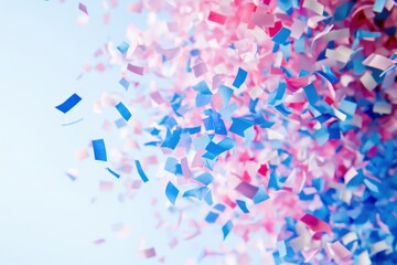 Exciting gender reveal celebration with colorful confetti showers in midair vibrant atmosphere closeup view fun and joyous event