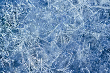 Winter snowy banner, frozen background. A scattering of large long ice crystals