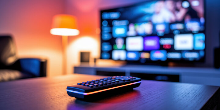 Cozy Living Room Scene Featuring Remote Control in Front of Brightly Lit Smart TV - Powered by Adobe