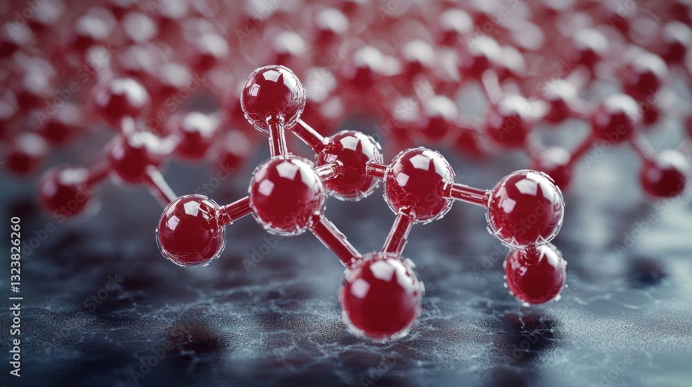 Poster intricate red molecular structure visualization, scientific concept rendering