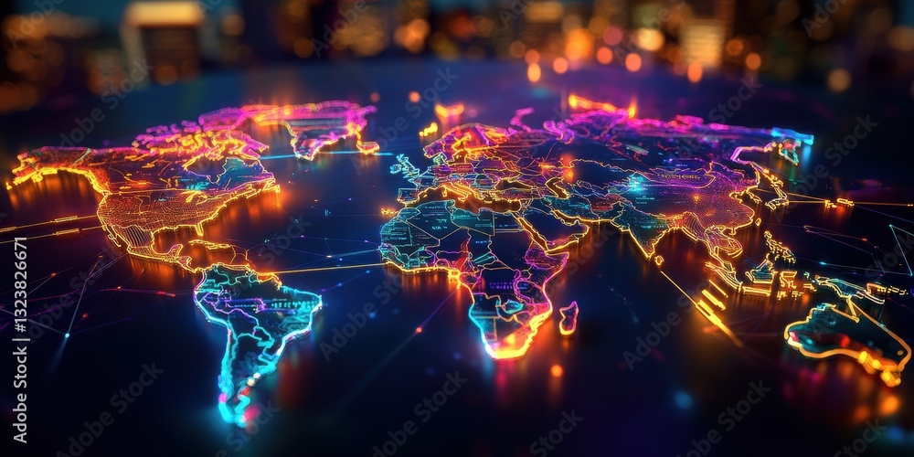 Poster global network: captivating view of interconnected global networks, digital world map glows with vib