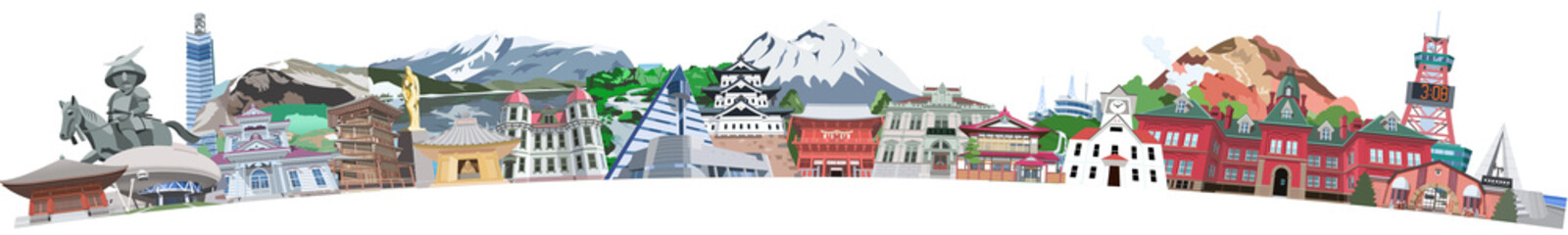 北海道東北観光地イラストアイコン　集合　アーチ形