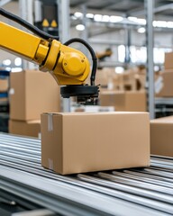 Fototapeta premium Robotic Arm Handling a Cardboard Box on a Conveyor Belt in a Modern Warehouse Environment