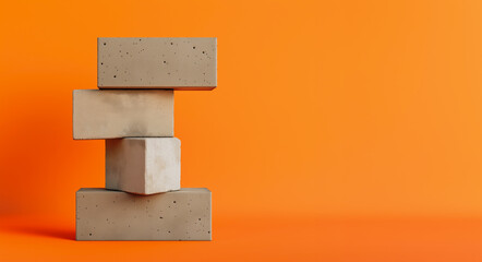 Concrete blocks stacked in an unstable tower on a vibrant orange background symbolizing balance, construction, instability, and minimalism