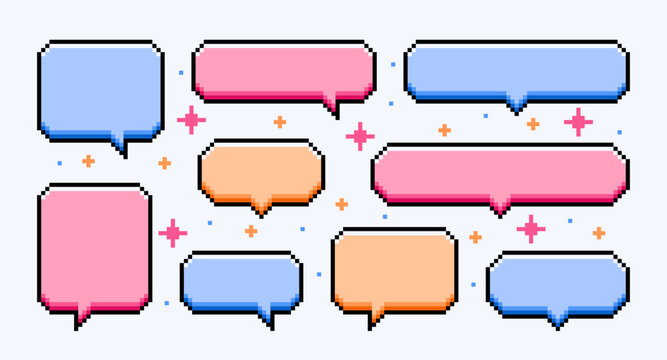 Colorful pixelated speech bubbles. Pixel art dialogue boxes in 8-bit style. Vector illustration