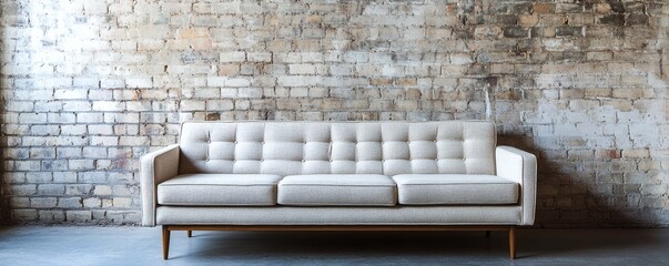 A beige sofa is placed against a brick textured wall