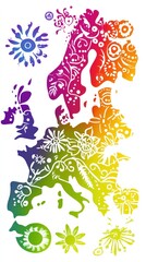 Obraz premium Colorful floral map of Europe with artistic design elements and vibrant rainbow gradient white background